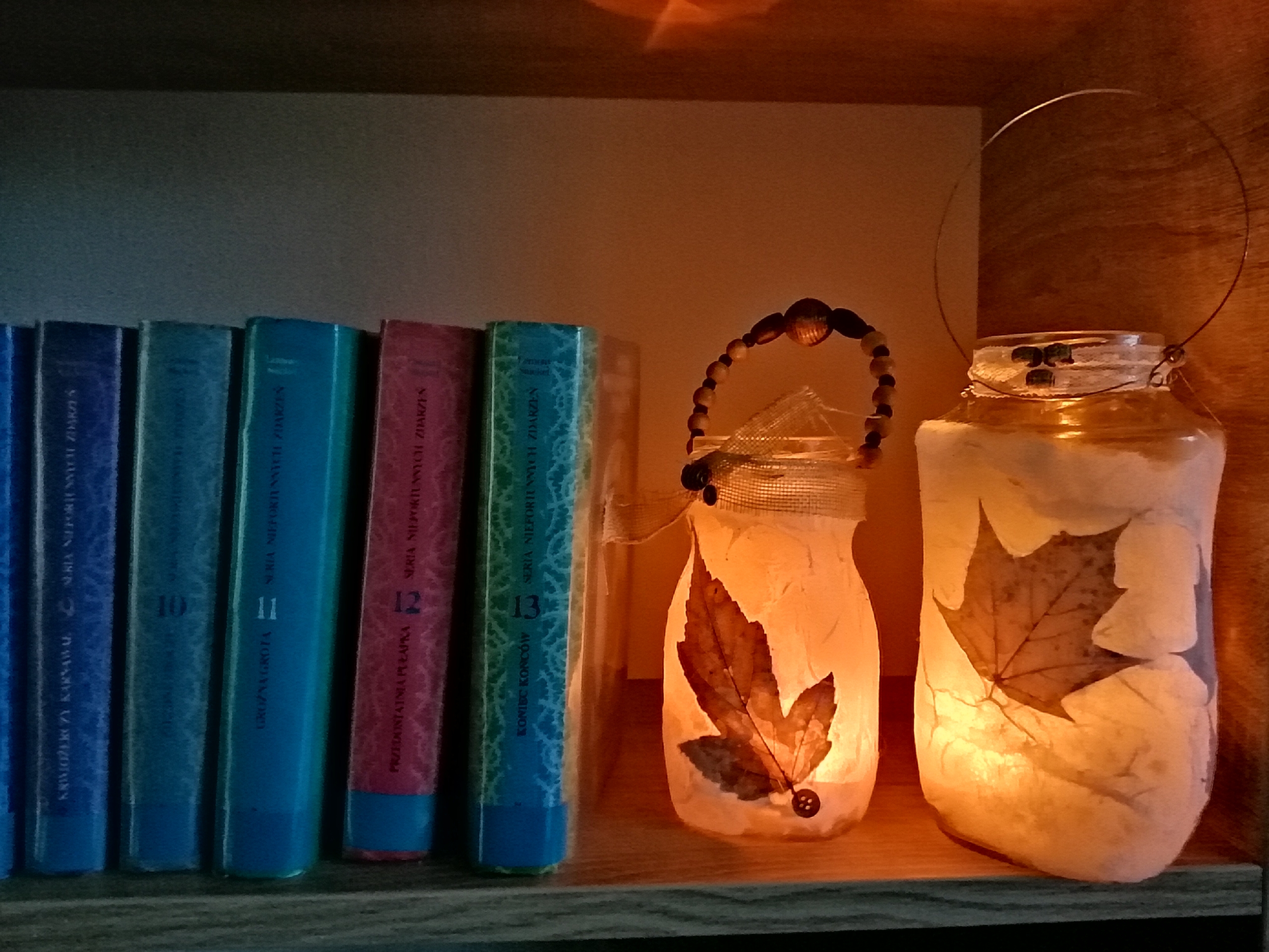 Lampiony ozdobione liśćmi stojące na regale z książkami