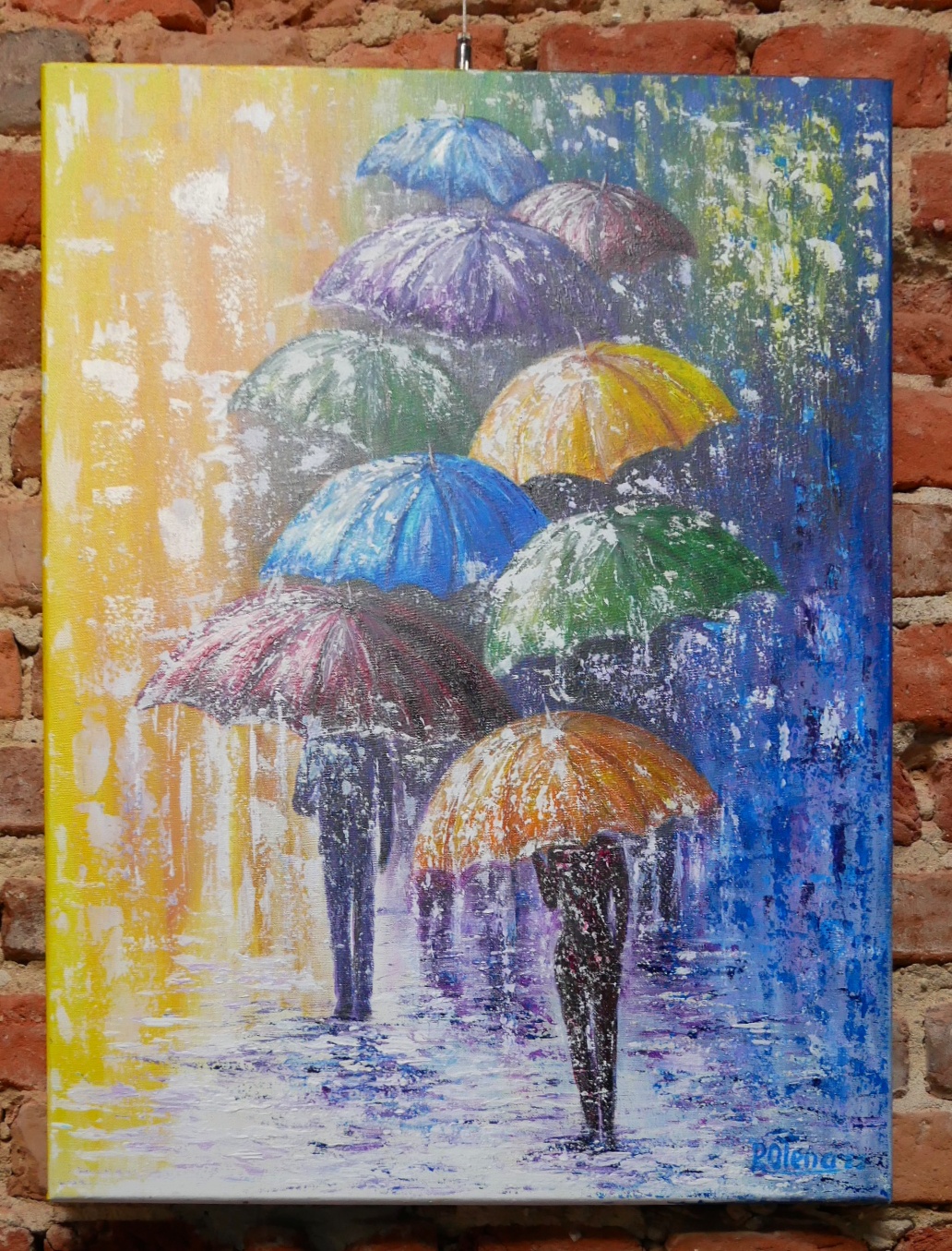 Obraz Oleny Radczenko przedstawiający ludzi z kolorowymi parasolami
