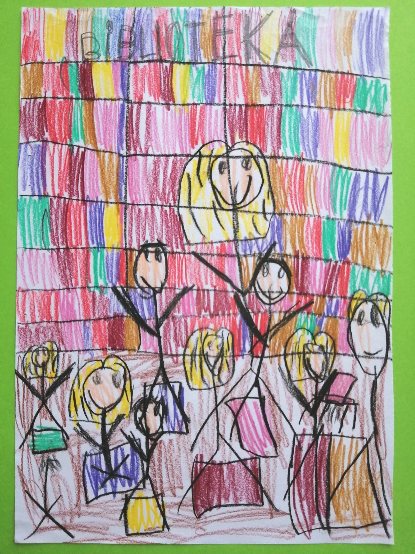 Rysunek wykonany przez dziecko przedstawiający bibliotekę
