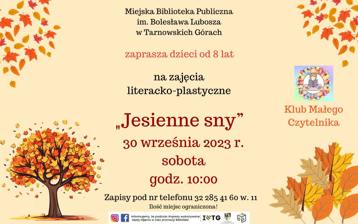 Infografika: Zajęcia plastyczne dla dzieci od lat 8 pt. "Jesienne sny". 30 września godz. 10.00