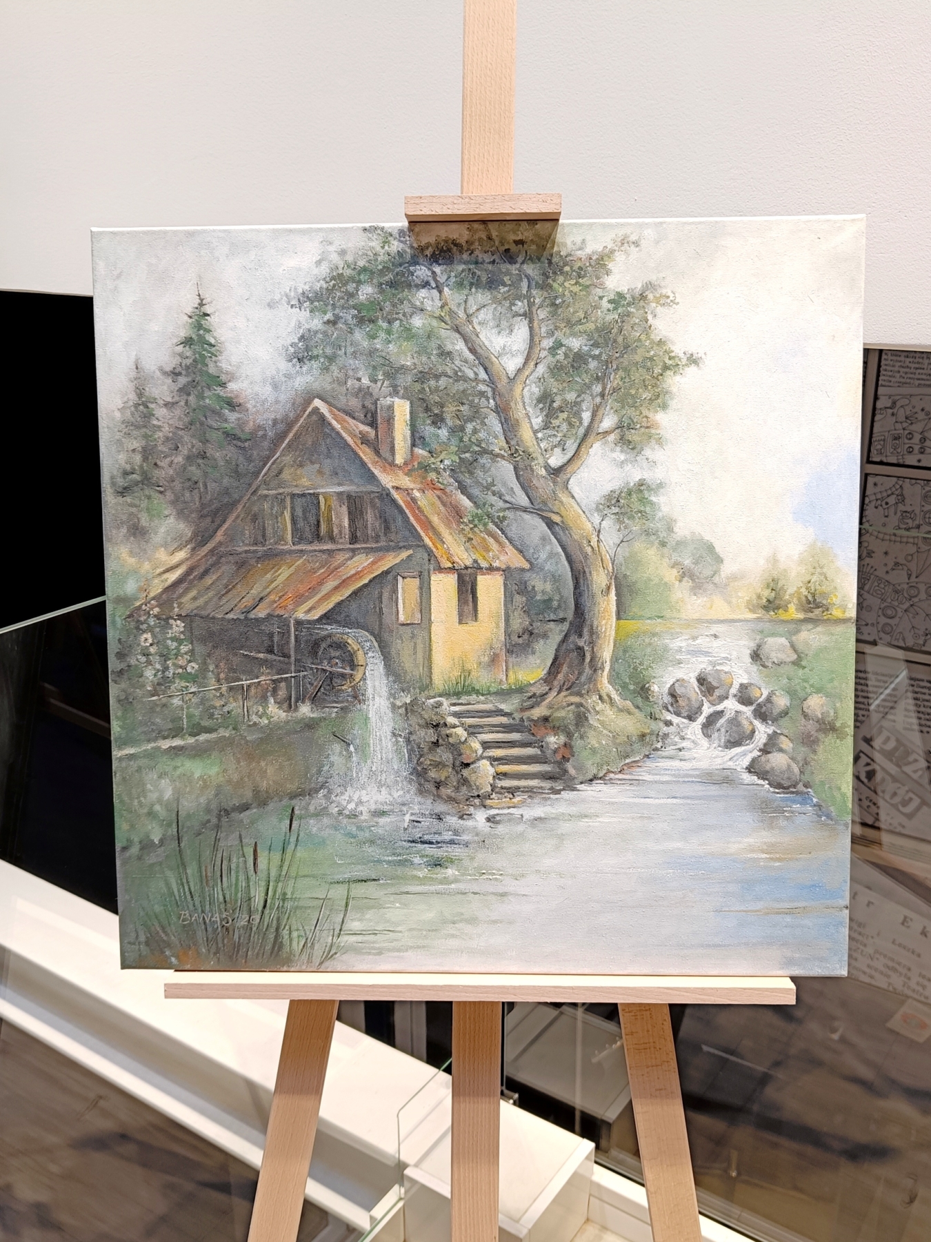 Obraz przedstawiający dom z kołem młyńskim nad rzeką