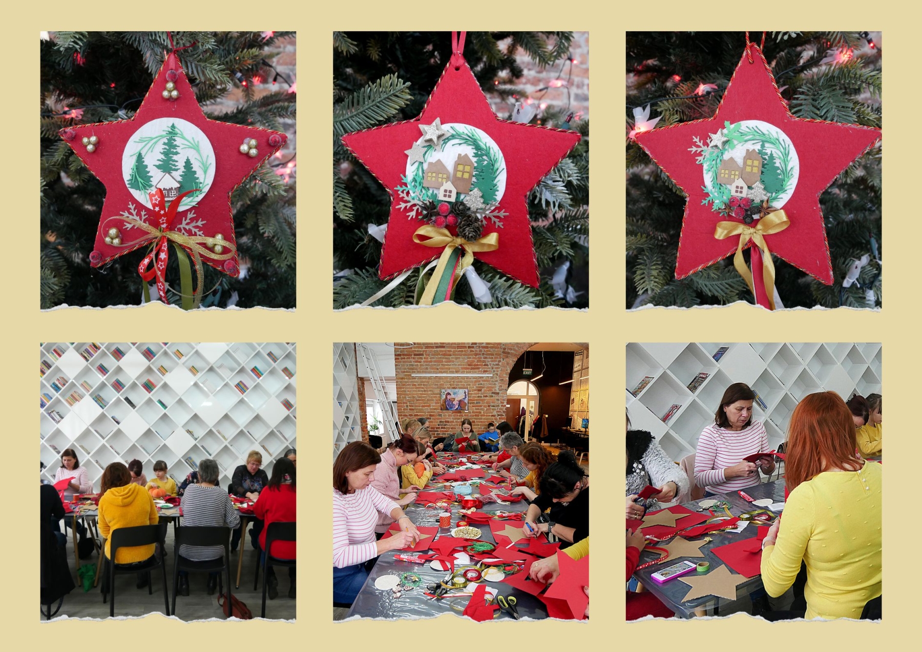 Świąteczne gwiazdy wykonane przez uczestniczki warsztatów i panie tworzące świąteczna dekorację